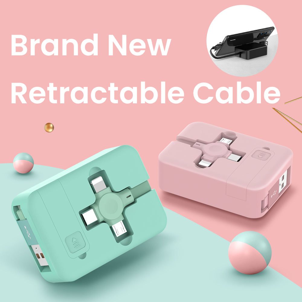 Retractable 4-in-1 USB cable with Macaron design, multiple charging interfaces, and phone stand.