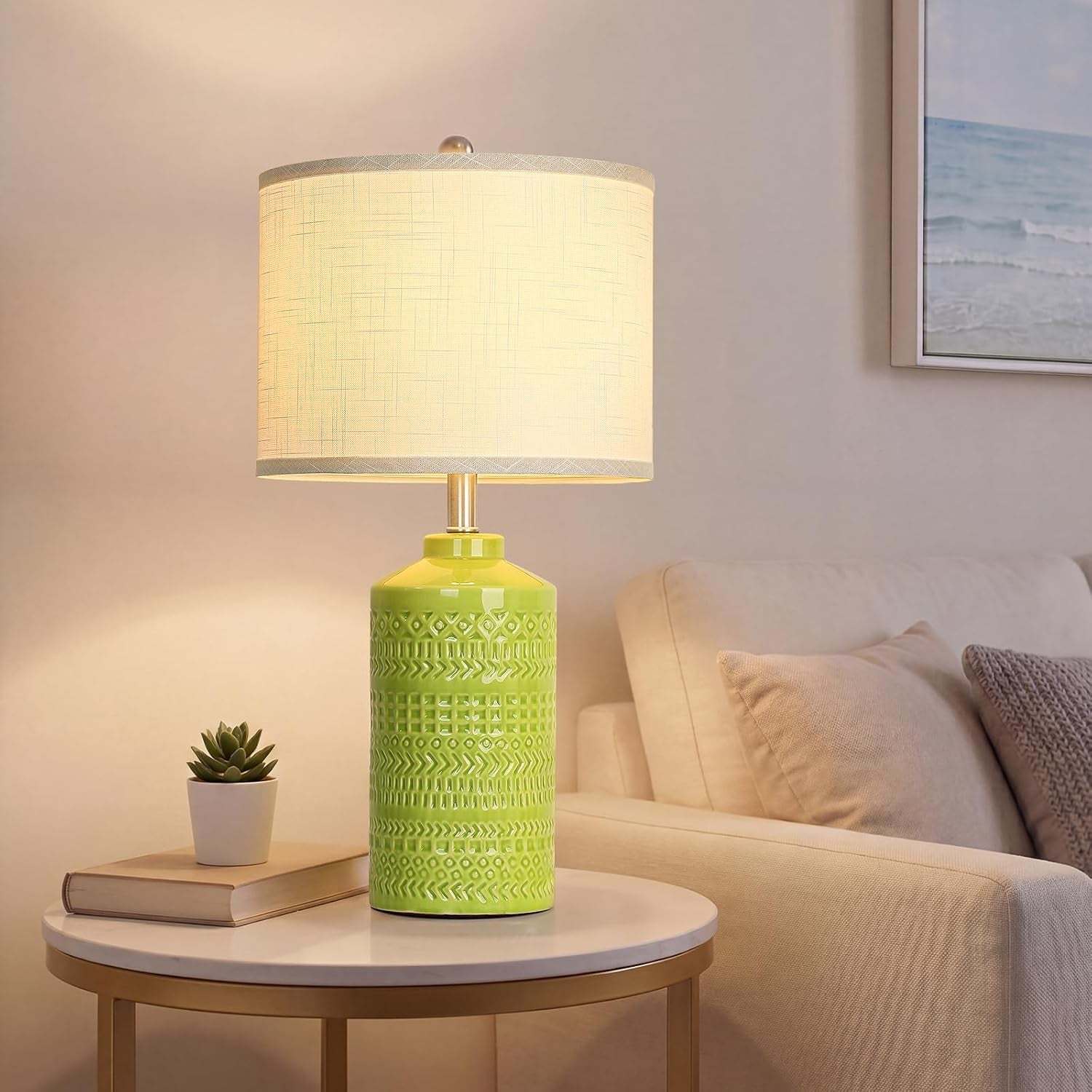 Light Green Ceramic Table Lamp 25 Inch 3-Way Dimmable Nightstand Lamp with White Linen Shade Bedside Lamp for Living Room Bedroom Office Reading (Bulb Included)