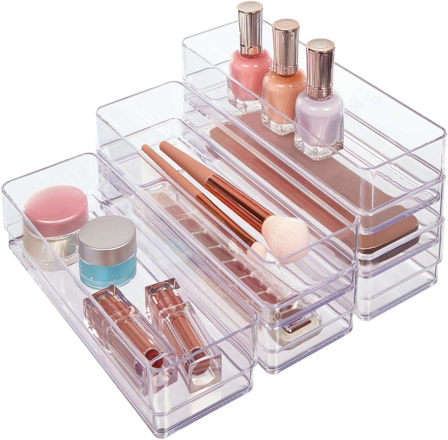 Simplesort 6-piece clear stackable drawer organizer set neatly arranging office and household items in drawers