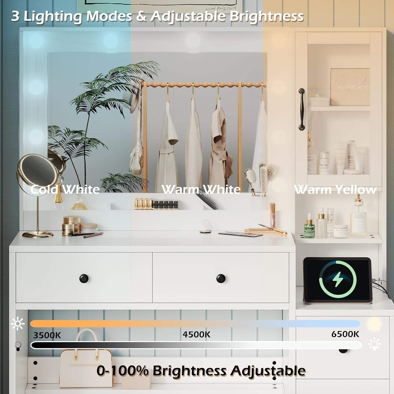 Makeup Vanity with Lights & Charging Station, White Vanity Table with 5 Drawers & Open Storage Shelves, Vanity Desk with Mirror & Lights, Dressing Table Set, Bedroom Makeup Table Set Black Handle