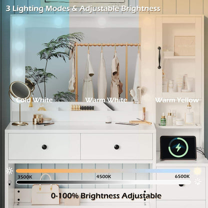 Makeup Vanity with Lights & Charging Station, White Vanity Table with 5 Drawers & Open Storage Shelves, Vanity Desk with Mirror & Lights, Dressing Table Set, Bedroom Makeup Table Set Black Handle