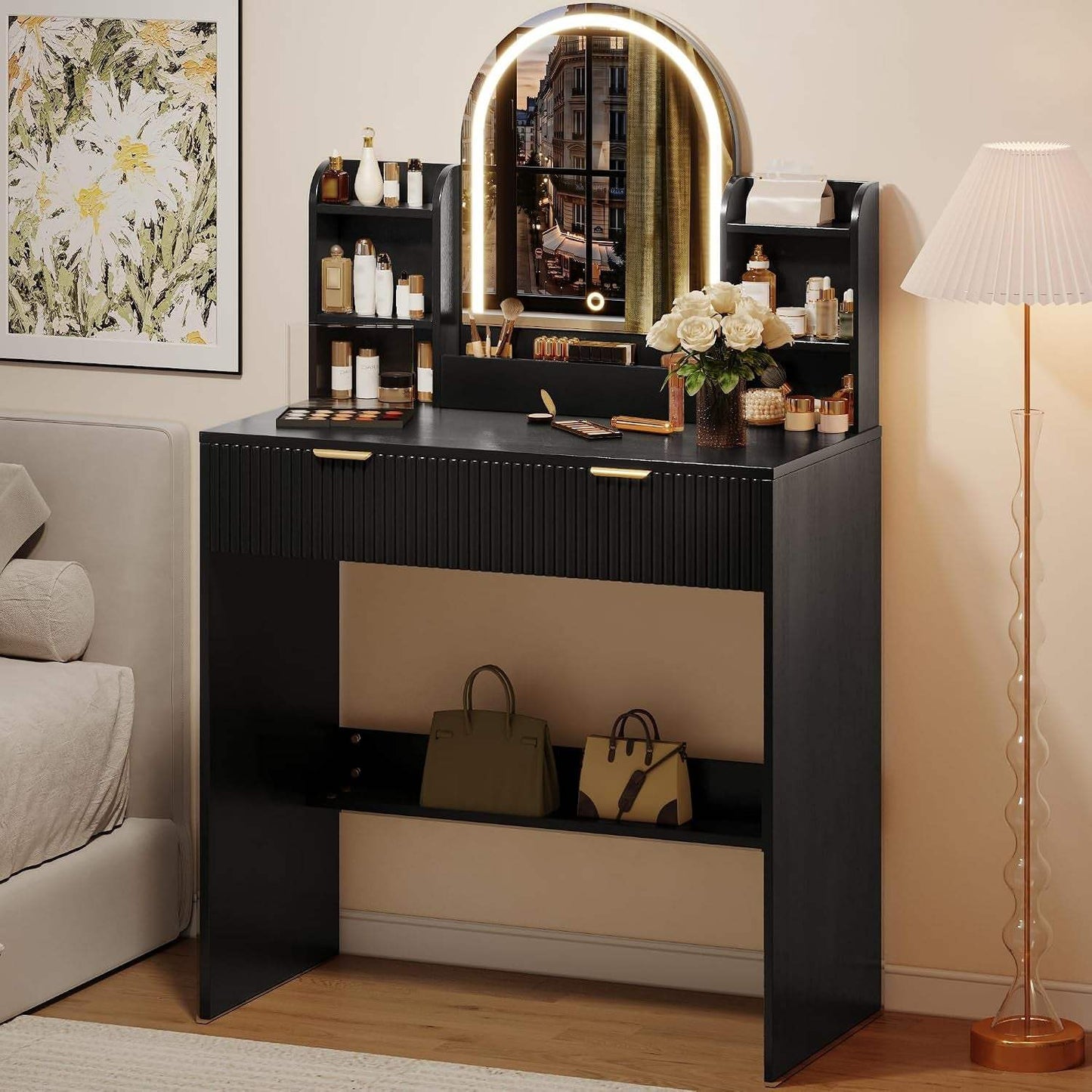 Makeup Vanity Desk with Mirror and Lights, Black Vanity Table with 2 Drawers & Open Storage Shelves, Fluted Vanity Bedroom Makeup Dressing Table Set for Women Girls