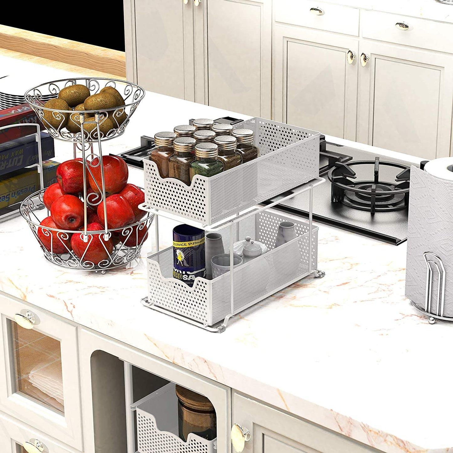 2 Tier Sliding Cabinet Basket Organizer Drawer, White