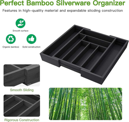 Bamboo Expandable Drawer Organizer for Utensils Holder, Adjustable Cutlery Tray, Wood Drawer Dividers Organizer for Silverware, Flatware, Knives in Kitchen, Bedroom, Living Room (Black)