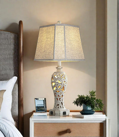 25'' Farmhouse Table Lamp for Living Room Bedroom with USB C+A | Vintage Rustic Nightstand Desk Lamp with Nightlight, White Hollow Out Resin Lamp for End Table (Bulb Included)