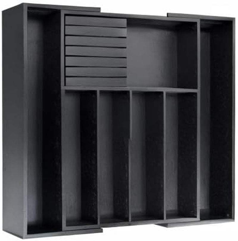 Bamboo Silverware Drawer Organizer Kitchen, Expandable Utensil Organizer with Knife Block, Cutlery Tray with Divider, Multifunctional Drawer Organizer (Black)