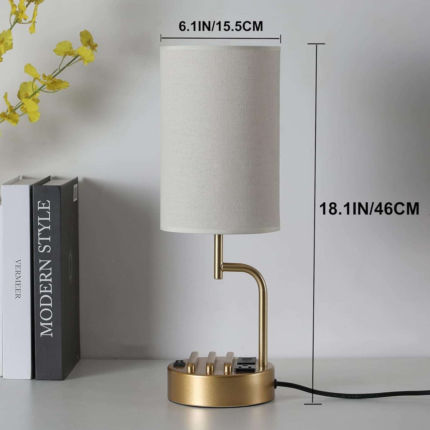 Table Lamp with 3 USB Charging Ports, Modern Desk Lamp with AC Outlet and Phone Stands, Perfect Bedside Lamp for Bedroom, Living Room, Office (Pack of 2), Gold