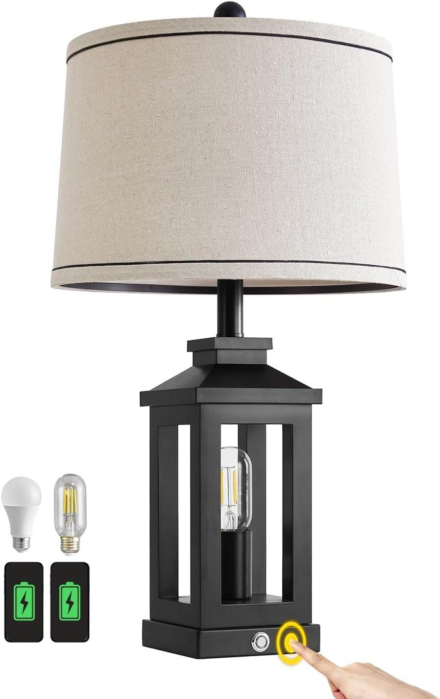 23.75" Retro Farmhouse Black Table Lamp for Living Room Bedroom Nightstand Single Pack Touch Control Bedside Nightlight Vintage Modern Lamp with USB C+A Ports and 2 Light Sources