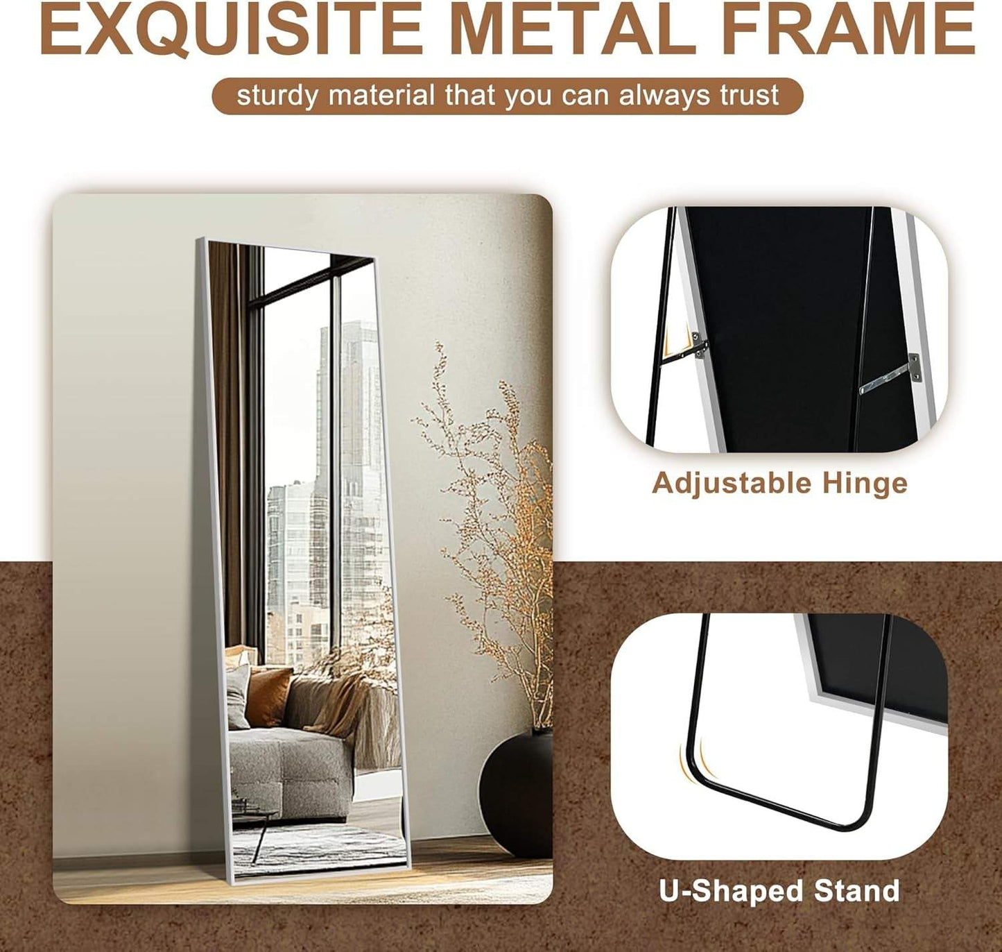 Full Length Mirror,Large Floor Mirror with Aluminum Frame for Bedroom, Bathroom, Living Room,Wall Mount or Freestanding Design, Silver, 56" L X 15" W X 1Pcs