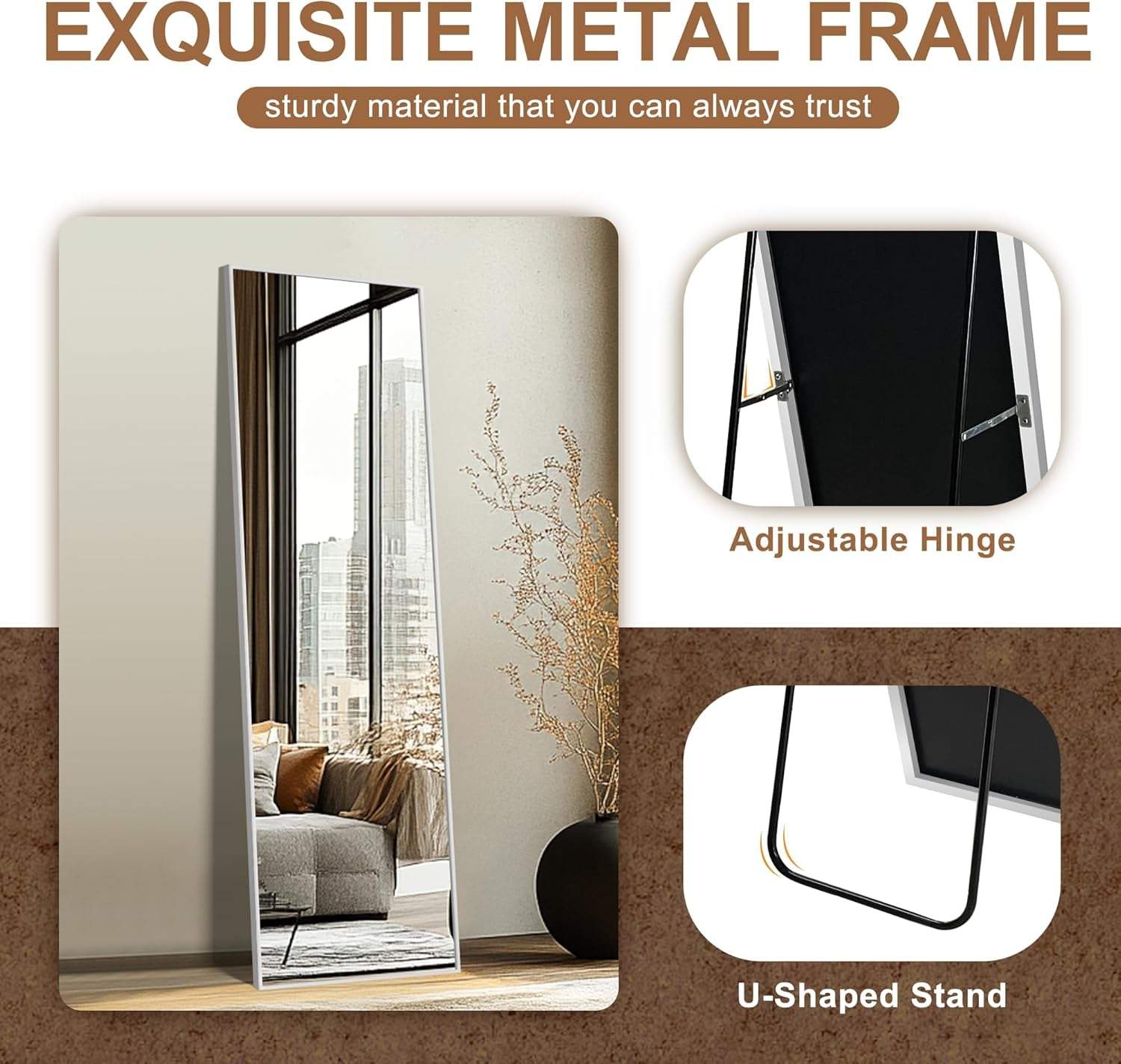 Full Length Mirror,Large Floor Mirror with Aluminum Frame for Bedroom, Bathroom, Living Room,Wall Mount or Freestanding Design, Silver, 56" L X 15" W X 1Pcs