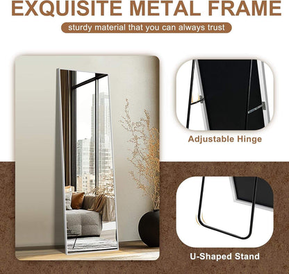 Full Length Mirror,Large Floor Mirror with Aluminum Frame for Bedroom, Bathroom, Living Room,Wall Mount or Freestanding Design, Silver, 56" L X 15" W X 1Pcs