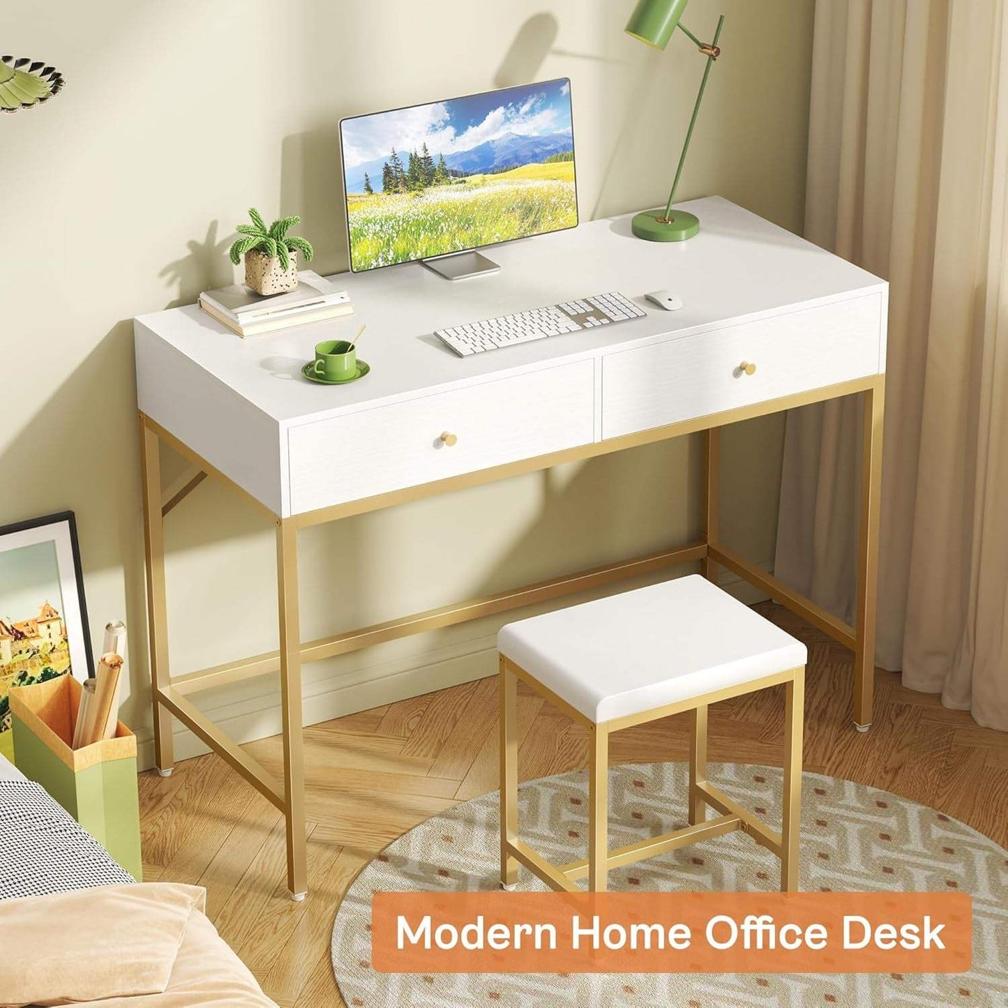 35.4" White and Gold Desk with 2 Drawers, Modern Makeup Vanity with Padded Stool, Small Computer Desk Home Office Desk for Writing Study Bedroom