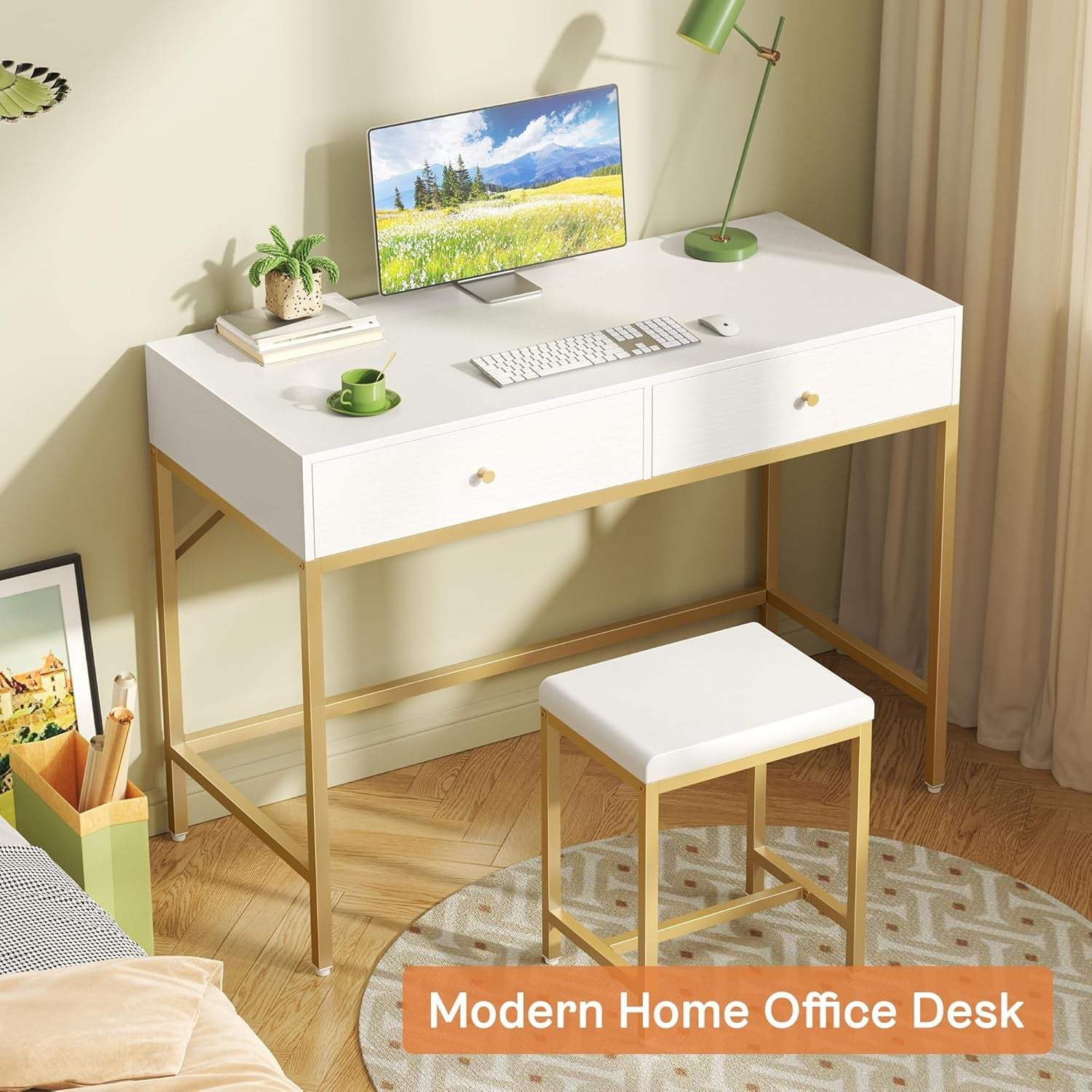 35.4" White and Gold Desk with 2 Drawers, Modern Makeup Vanity with Padded Stool, Small Computer Desk Home Office Desk for Writing Study Bedroom