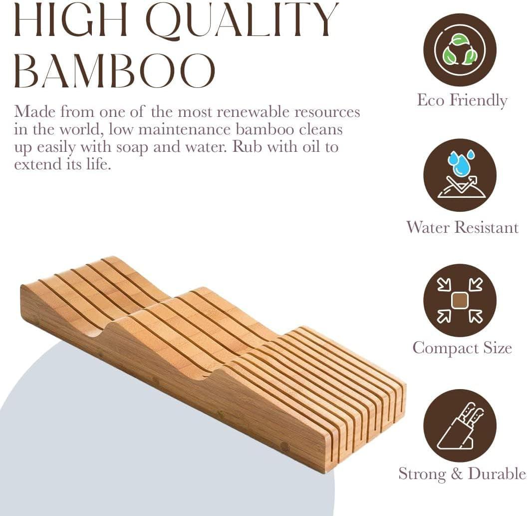 100% Pure Bamboo in Drawer Knife Block | 16 Knife Slots Knife Drawer Organizer | Store Knives Safely with the Blades down | Storage Solution for Your Kitchen | Knife Organizer Drawer Insert