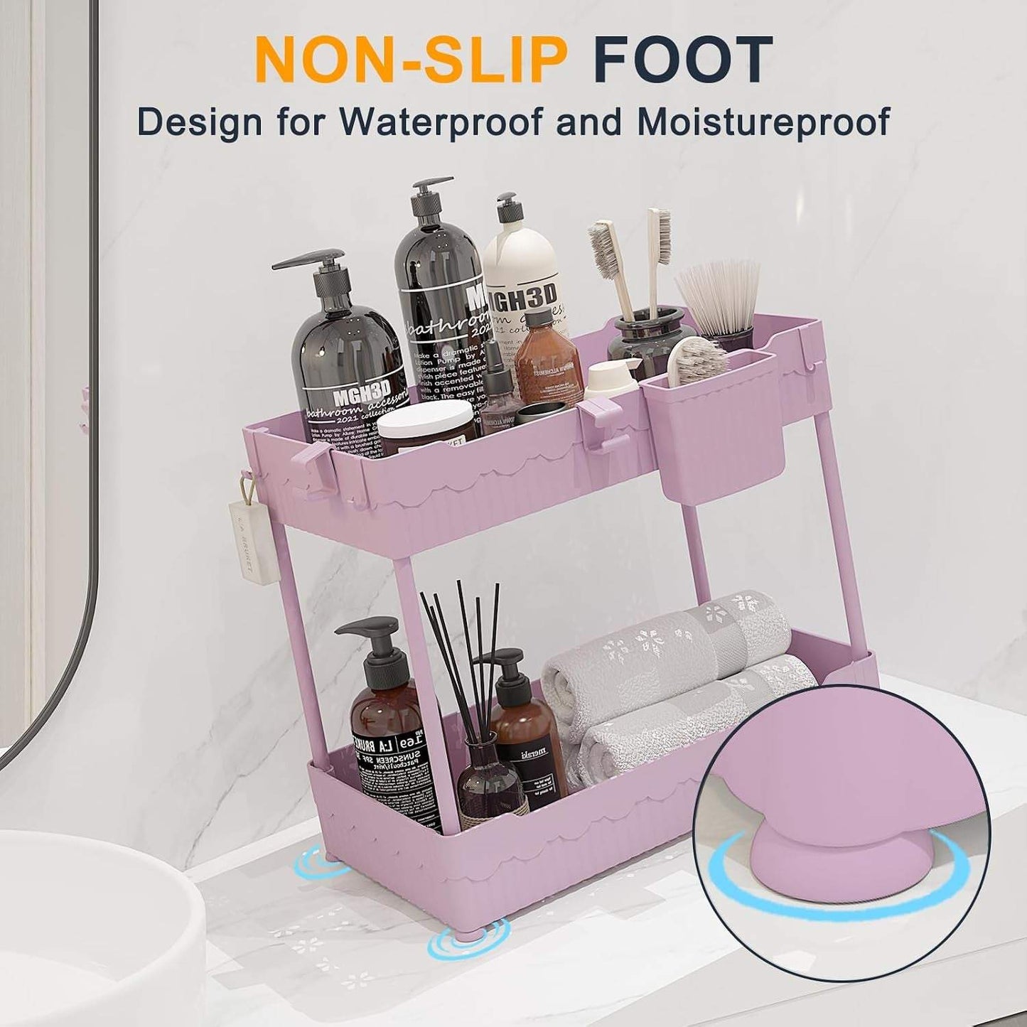 2 Pack under Sink Organizer, under Bathroom Cabinet Organizer with Hooks Hanging Cup, Multi-Purpose Storage Shelf for Kitchen Bathroom (Pink, 12.8 Inch)