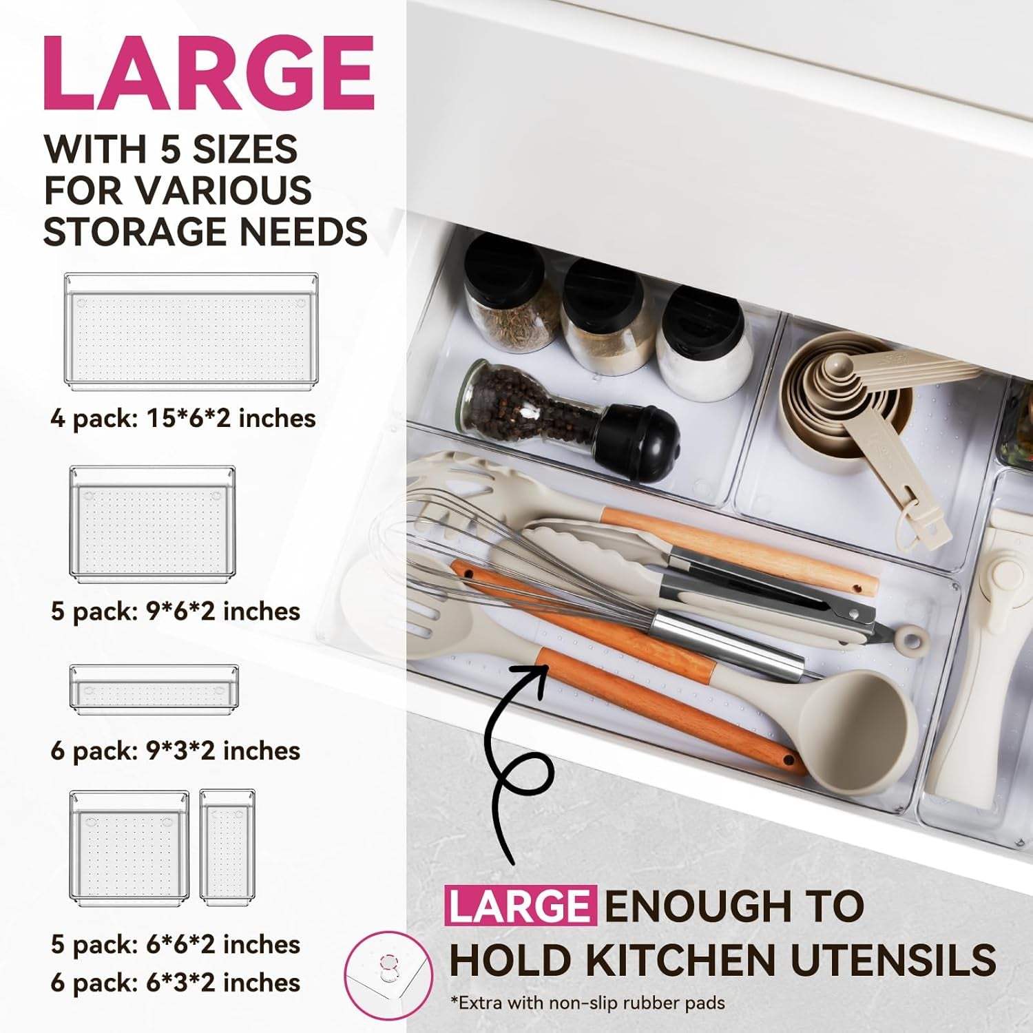 Large Drawer Organizer Bins 26 Pack | Complete 5 Size Clear Plastic Kitchen Drawer Organizers for Utensils | Bathroom Drawer Organizer Trays | Versatile for Makeup Office Organization