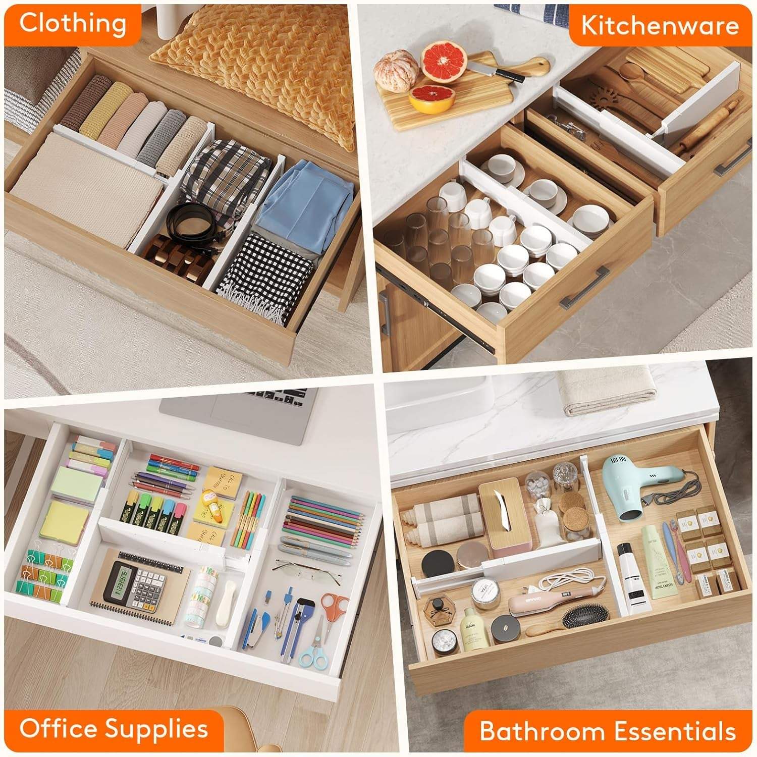 5 Pack 4" High Drawer Dividers 34-56Cm/13.5-22" Adjustable Drawer Organizer for Clothes/Utensils, Expandable Drawer Separator in Dresser/Kitchen/Bedroom/Office Organization & Storage White
