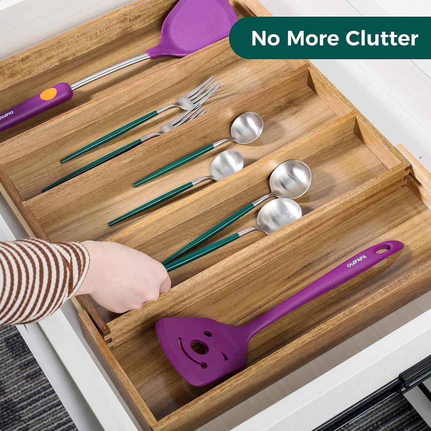Acacia Kitchen Drawer Organizer Expandable, Large Utensils and Cutlery Tray, Adjustable Silverware Divider for Knives Flatware