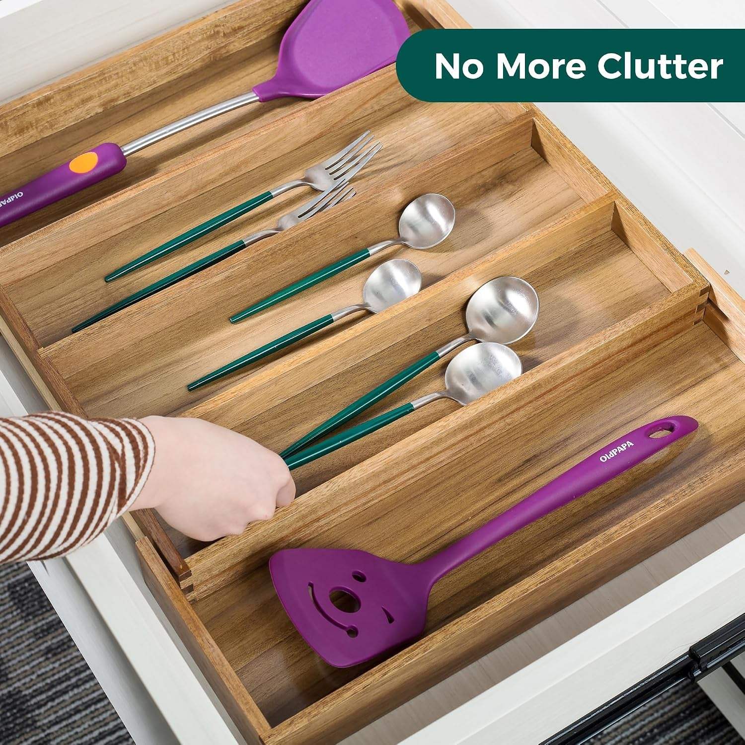 Acacia Kitchen Drawer Organizer Expandable, Large Utensils and Cutlery Tray, Adjustable Silverware Divider for Knives Flatware