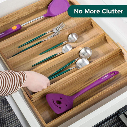 Acacia Kitchen Drawer Organizer Expandable, Large Utensils and Cutlery Tray, Adjustable Silverware Divider for Knives Flatware