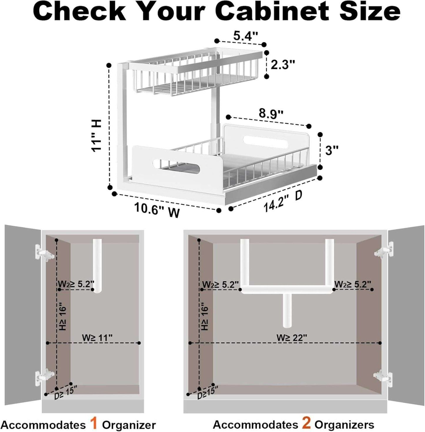 under Sink Organizer, Pull Out Cabinet Organizer, 2 Tier Metal Slide Out Shelf with L Shaped Design for Kitchen, Bathroom, Laundry, and Utility Cabinet Storage for Deep Cabinets, White, 2 Pack