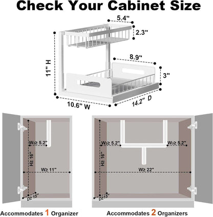 under Sink Organizer, Pull Out Cabinet Organizer, 2 Tier Metal Slide Out Shelf with L Shaped Design for Kitchen, Bathroom, Laundry, and Utility Cabinet Storage for Deep Cabinets, White, 2 Pack