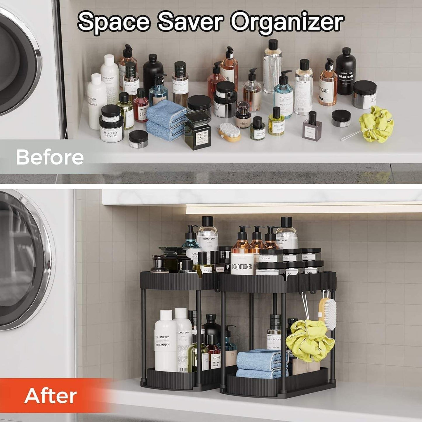 Multi-Purpose Pull-Out Storage Organizers, under Sink/Cabinet Organizers and Storage for Bathroom & Kitchen, Black, 12.8 Inches, 2 Packs