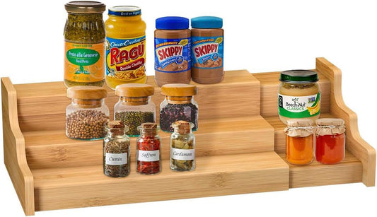 Expandable bamboo spice rack kitchen cabinet organizer with multiple shelves for jars and bottles