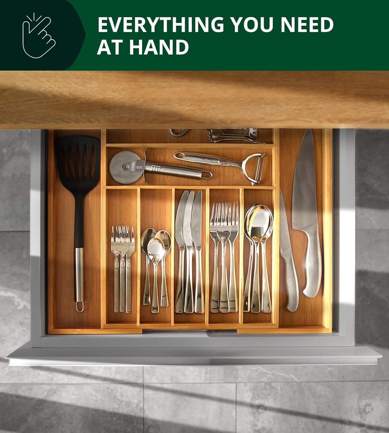 Luxury Bamboo Kitchen Drawer Organizer - Silverware Organizer, Utensil Holder & Cutlery Tray Drawer Dividers for Flatware (9 Slot, Natural)