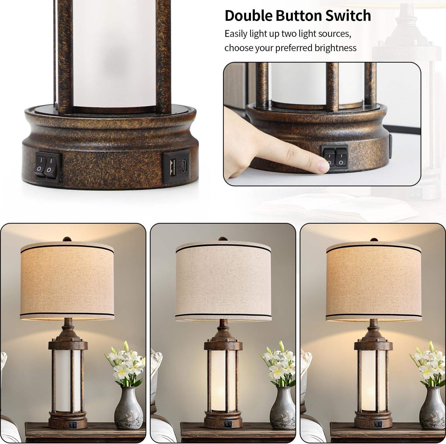 25'' Table Lamp for Living Room Bedroom Farmhouse Metal Lamps with 2 USB Ports, Built-In Frosted Glass Night Light Vintage Industrial Nightstand Bedside End Lamp, 2 Bulbs Included, Bronze