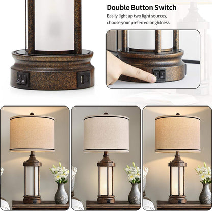 25'' Table Lamp for Living Room Bedroom Farmhouse Metal Lamps with 2 USB Ports, Built-In Frosted Glass Night Light Vintage Industrial Nightstand Bedside End Lamp, 2 Bulbs Included, Bronze