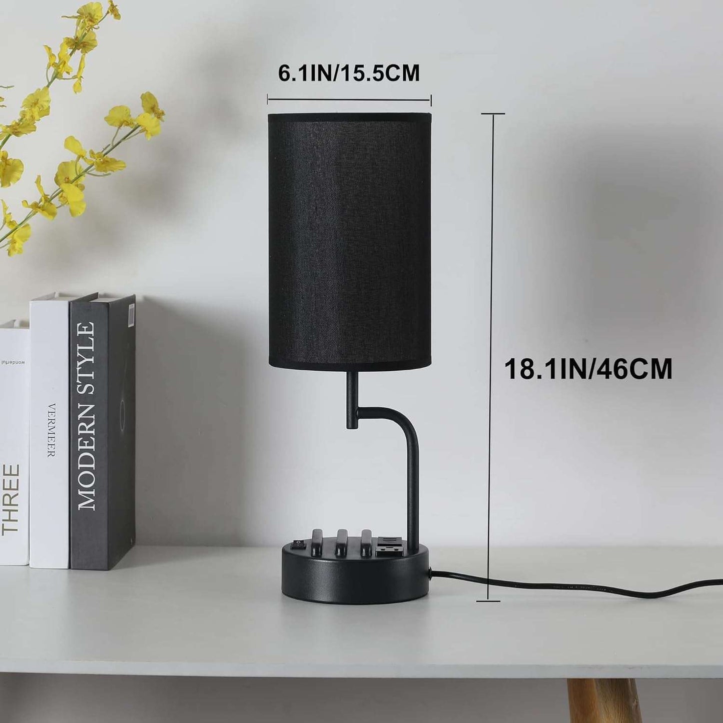 Table Lamp with 3 USB Charging Ports, Modern Desk Lamp with AC Outlet and Phone Stands, Perfect Bedside Lamp for Bedroom, Living Room, Office (Pack of 2), Black