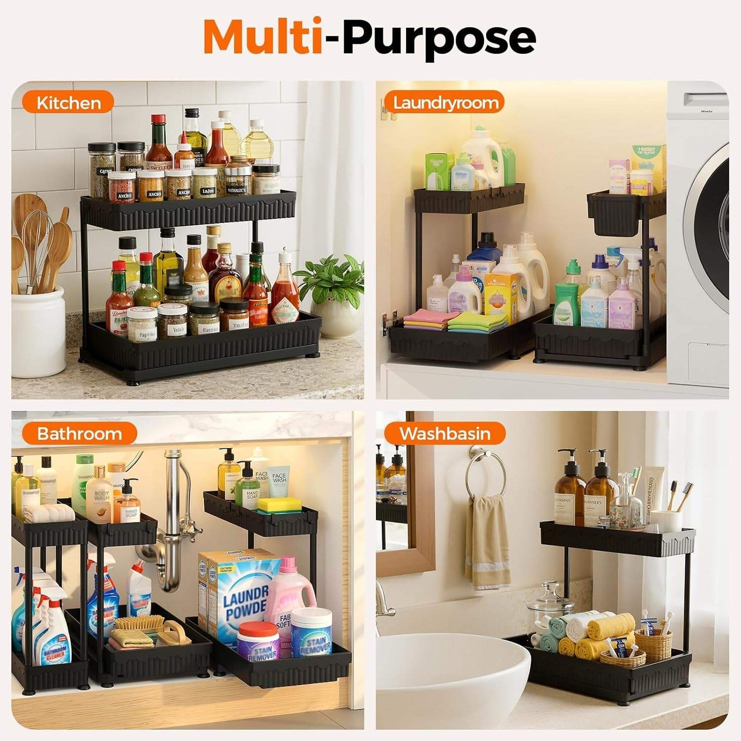3 Pack Multi-Purpose Pull-Out Storage Organizers, 2-Tier L-Shaped under Sink/Cabinet Organizers and Storage for Bathroom & Kitchen, (Black, 12.85 Inches)