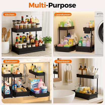 3 Pack Multi-Purpose Pull-Out Storage Organizers, 2-Tier L-Shaped under Sink/Cabinet Organizers and Storage for Bathroom & Kitchen, (Black, 12.85 Inches)