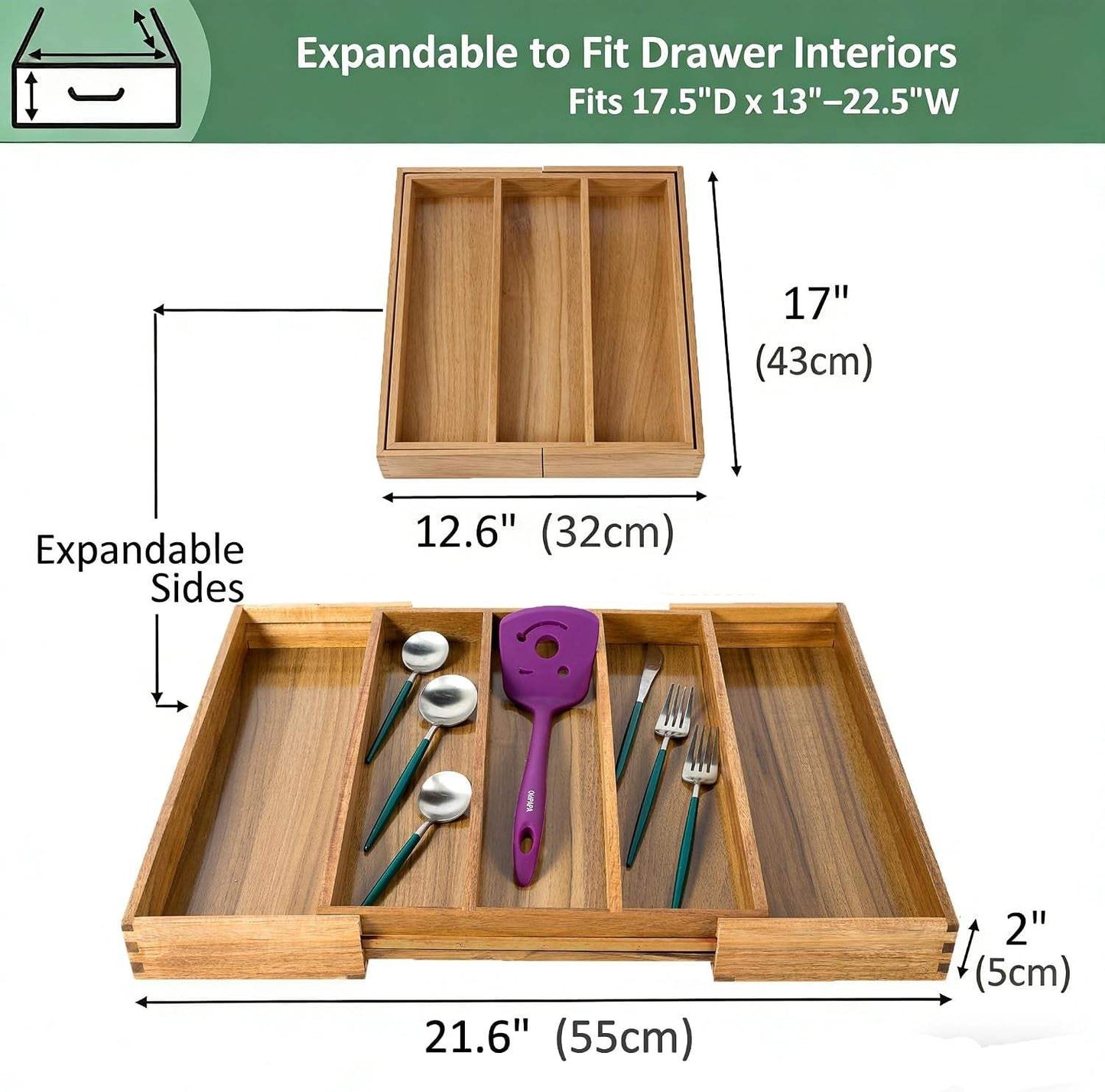 Acacia Kitchen Drawer Organizer Expandable, Large Utensils and Cutlery Tray, Adjustable Silverware Divider for Knives Flatware