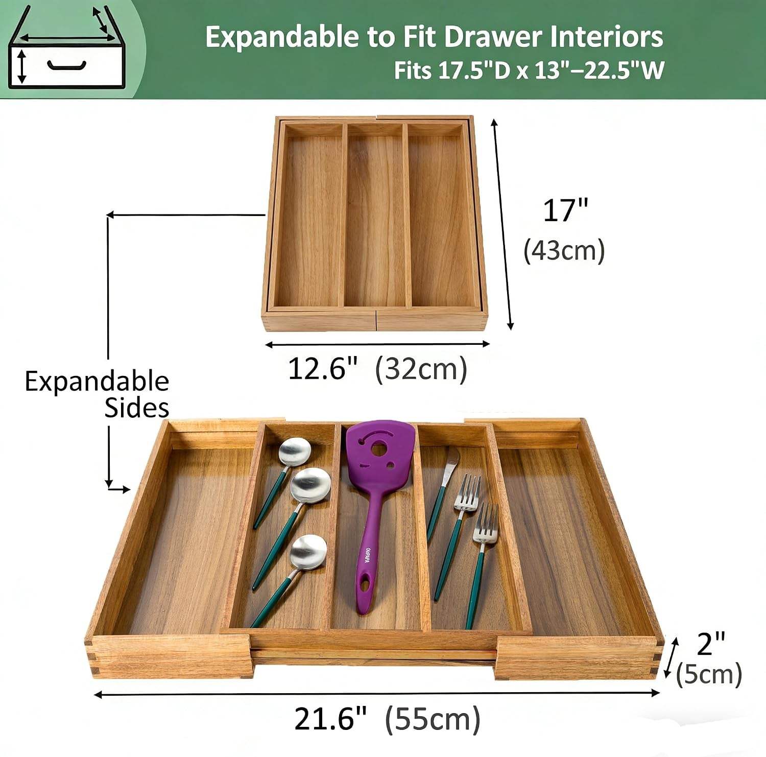 Acacia Kitchen Drawer Organizer Expandable, Large Utensils and Cutlery Tray, Adjustable Silverware Divider for Knives Flatware