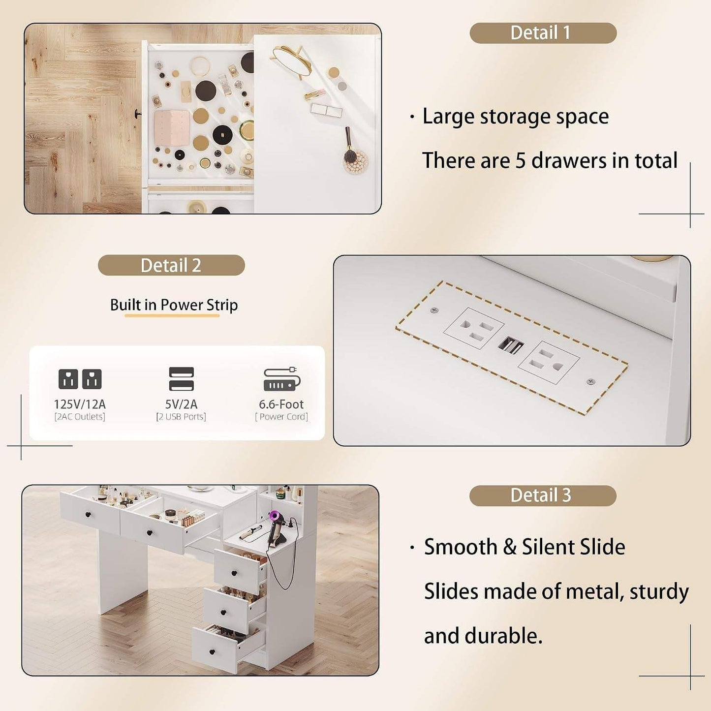 Makeup Vanity with Lights & Charging Station, White Vanity Table with 5 Drawers & Open Storage Shelves, Vanity Desk with Mirror & Lights, Dressing Table Set, Bedroom Makeup Table Set Black Handle