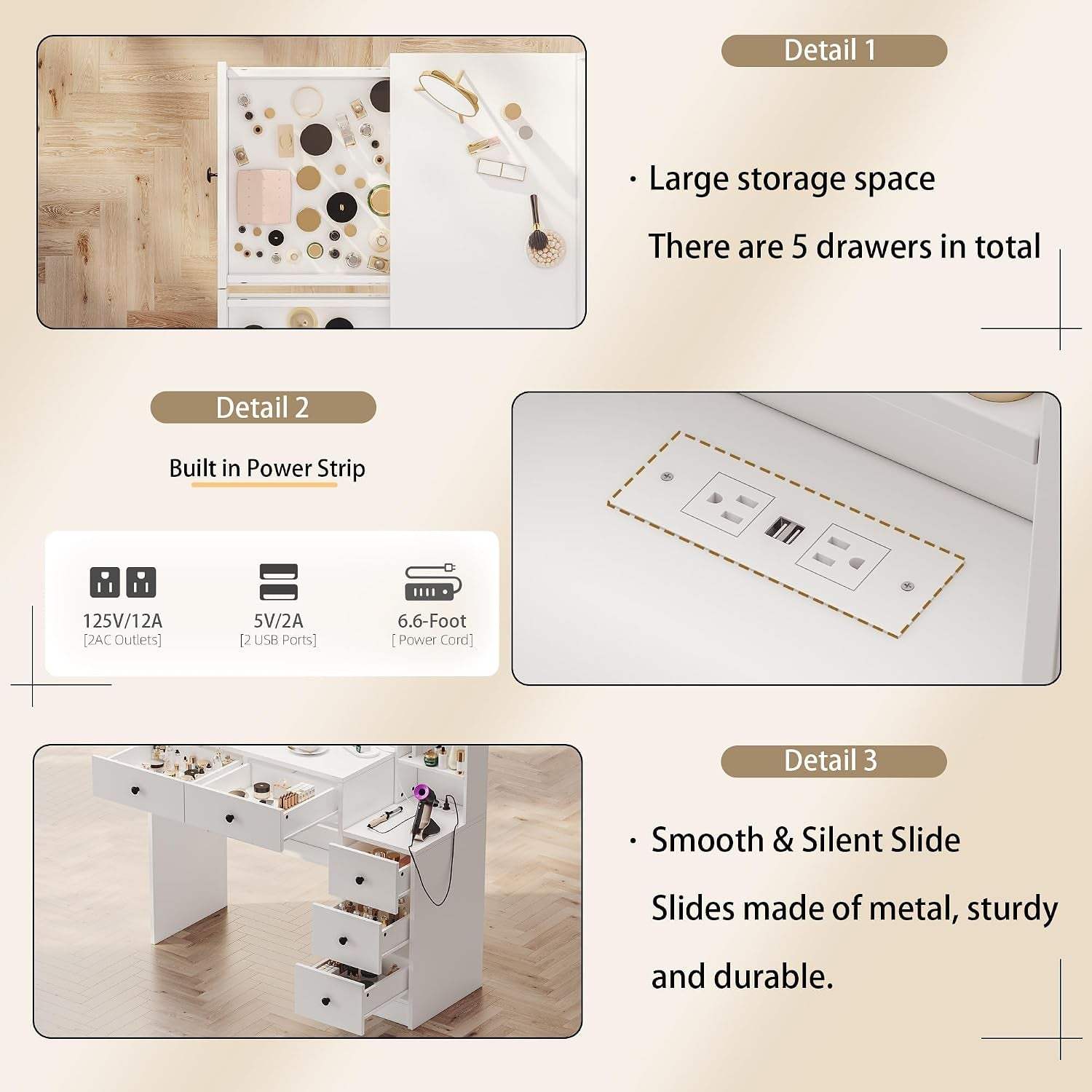 Makeup Vanity with Lights & Charging Station, White Vanity Table with 5 Drawers & Open Storage Shelves, Vanity Desk with Mirror & Lights, Dressing Table Set, Bedroom Makeup Table Set Black Handle