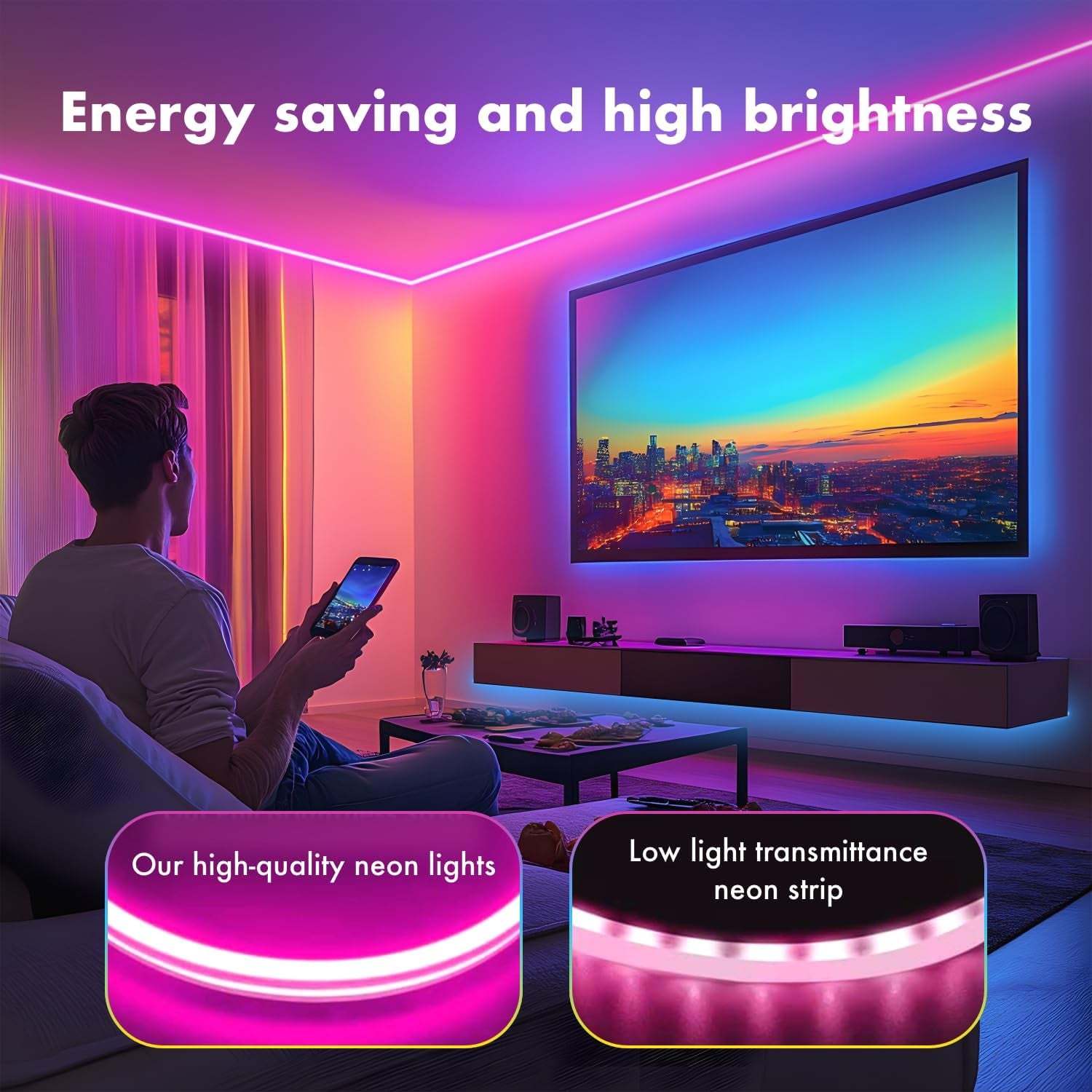 Neon Rope Lights,65.6Ft RGB LED Strip Lights, App Control, IR Remote, Music Syncing, Outdoor IP67 Waterproof, Flexible Strip Cuttable for Bedroom, Gaming, Party(2 Rolls of 32.8FT)