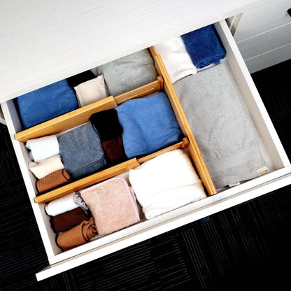 Bamboo Dresser Drawer Dividers, 4'' High Adjustable Drawer Organizers for Clothing, Spring Loaded, Works in Kitchen, Bathroom, Bedroom, Drawer, Desk, 4 Pcs