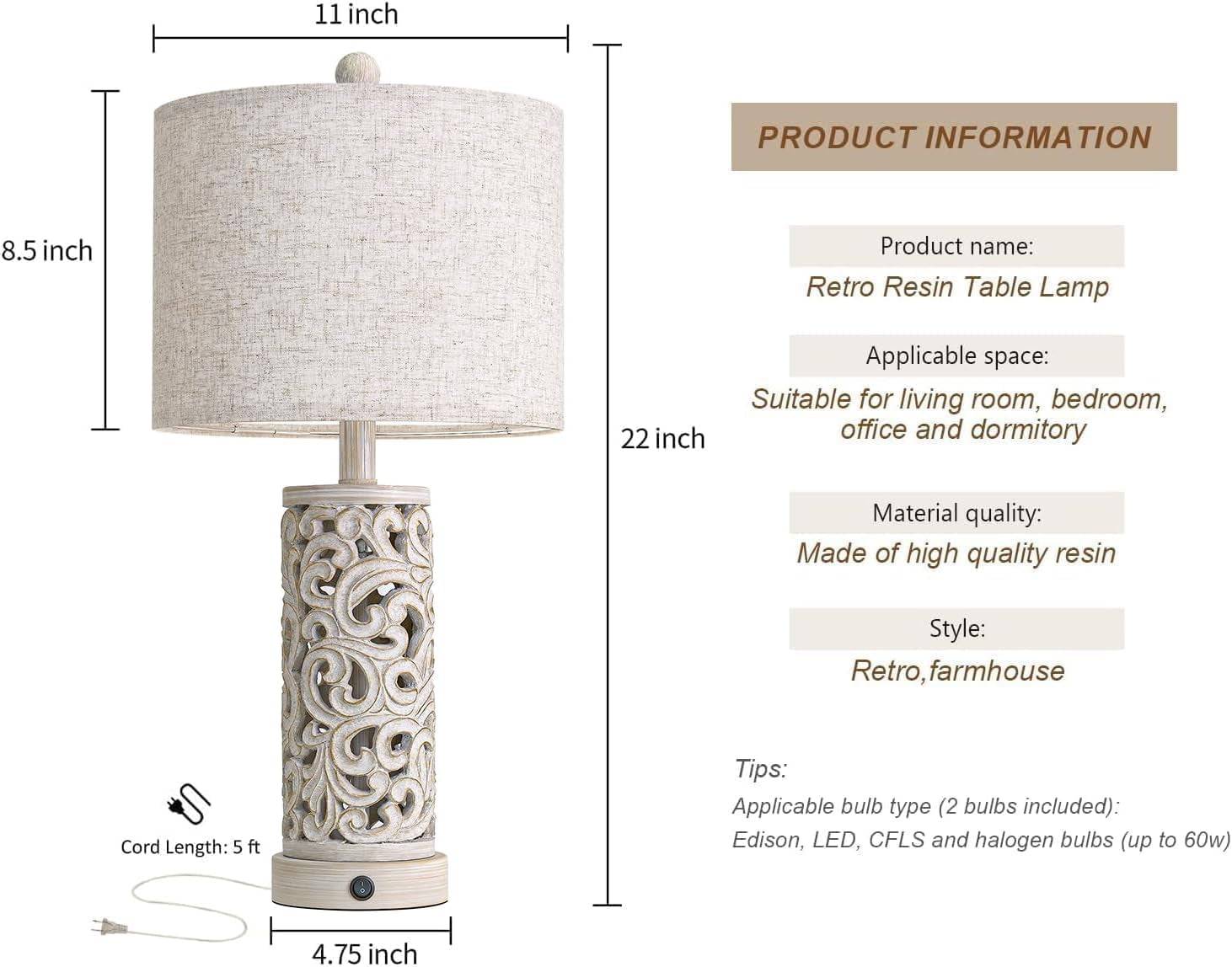 22'' Farmhouse Table Lamp for Living Room, Bedside Lamp with 2 USB Ports for Bedroom, Rustic Nightstand Lamp with Linen Lampshade for Office Hallway Home Decor, Distressed Grey (Bulb Included)