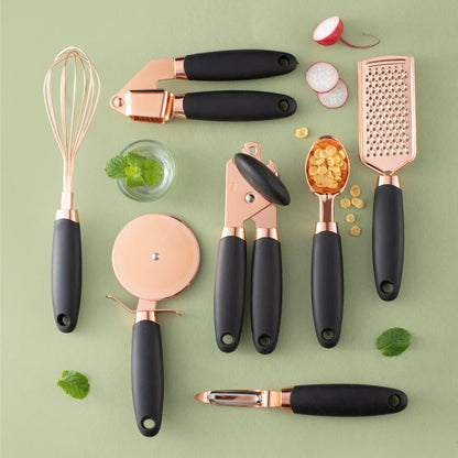 Copper plated kitchen household peeler set with stainless steel tools on cutlery rack