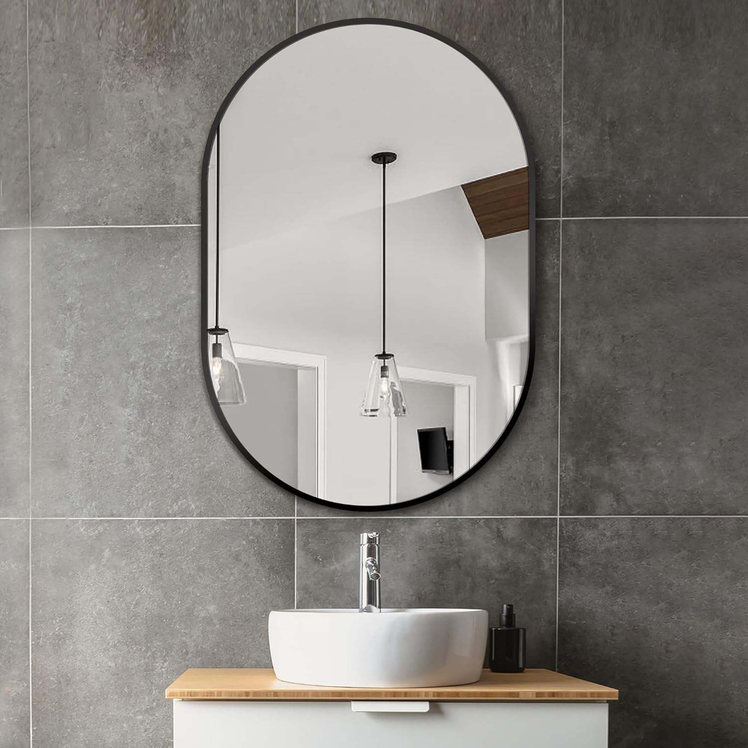 Bathroom Vanity Mirror for Wall, 36''X24'' Black Oval Bathroom Mirror for over Sink, Bedroom, Living Room, Entryway, HD Tempered Glass, Wall Mounted Horizontally or Vertically