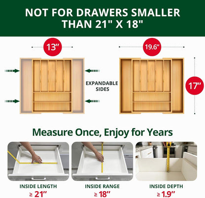Luxury Bamboo Kitchen Drawer Organizer - Silverware Organizer, Utensil Holder & Cutlery Tray Drawer Dividers for Flatware (9 Slot, Natural)
