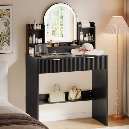 Makeup Vanity Desk with Mirror and Lights, Black Vanity Table with 2 Drawers & Open Storage Shelves, Fluted Vanity Bedroom Makeup Dressing Table Set for Women Girls