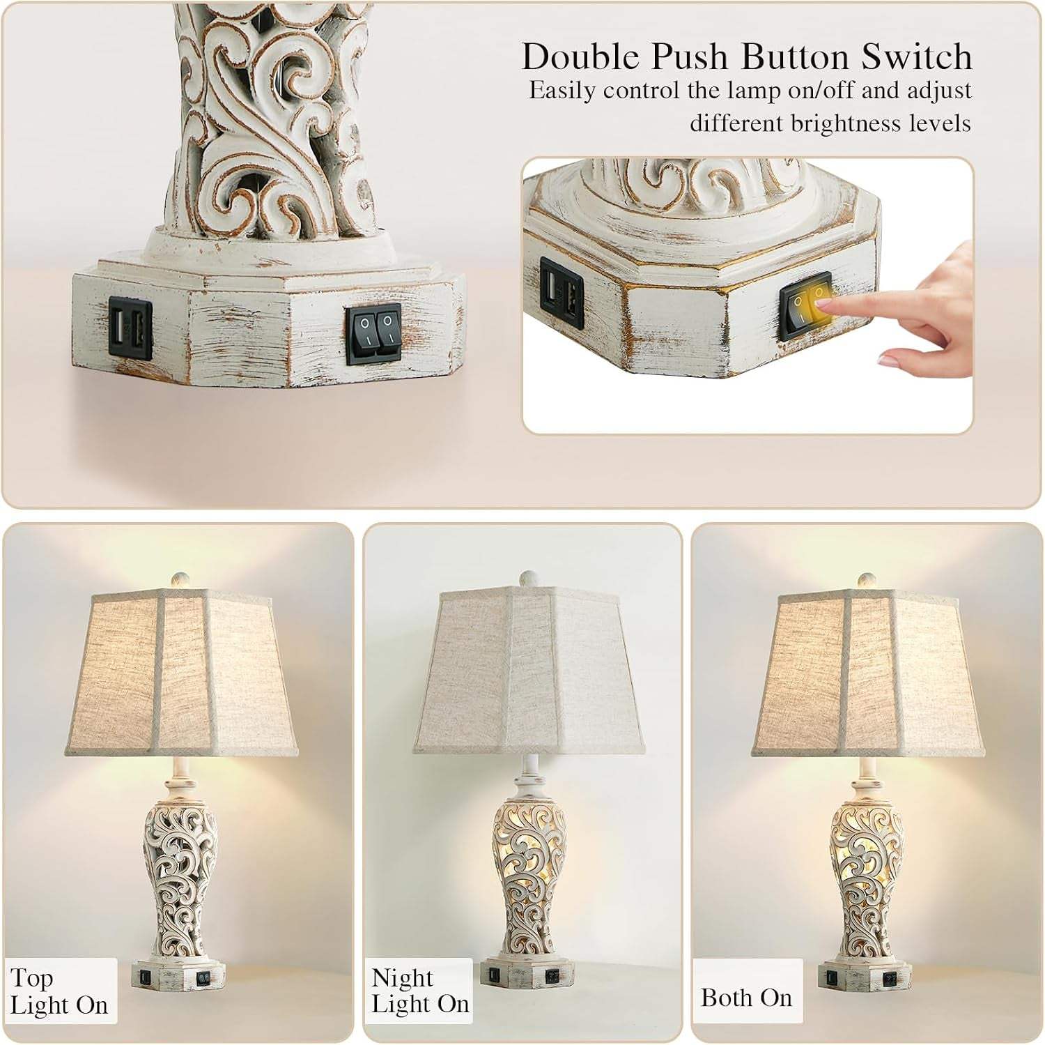 25'' Farmhouse Table Lamp for Living Room Bedroom with USB C+A | Vintage Rustic Nightstand Desk Lamp with Nightlight, White Hollow Out Resin Lamp for End Table (Bulb Included)