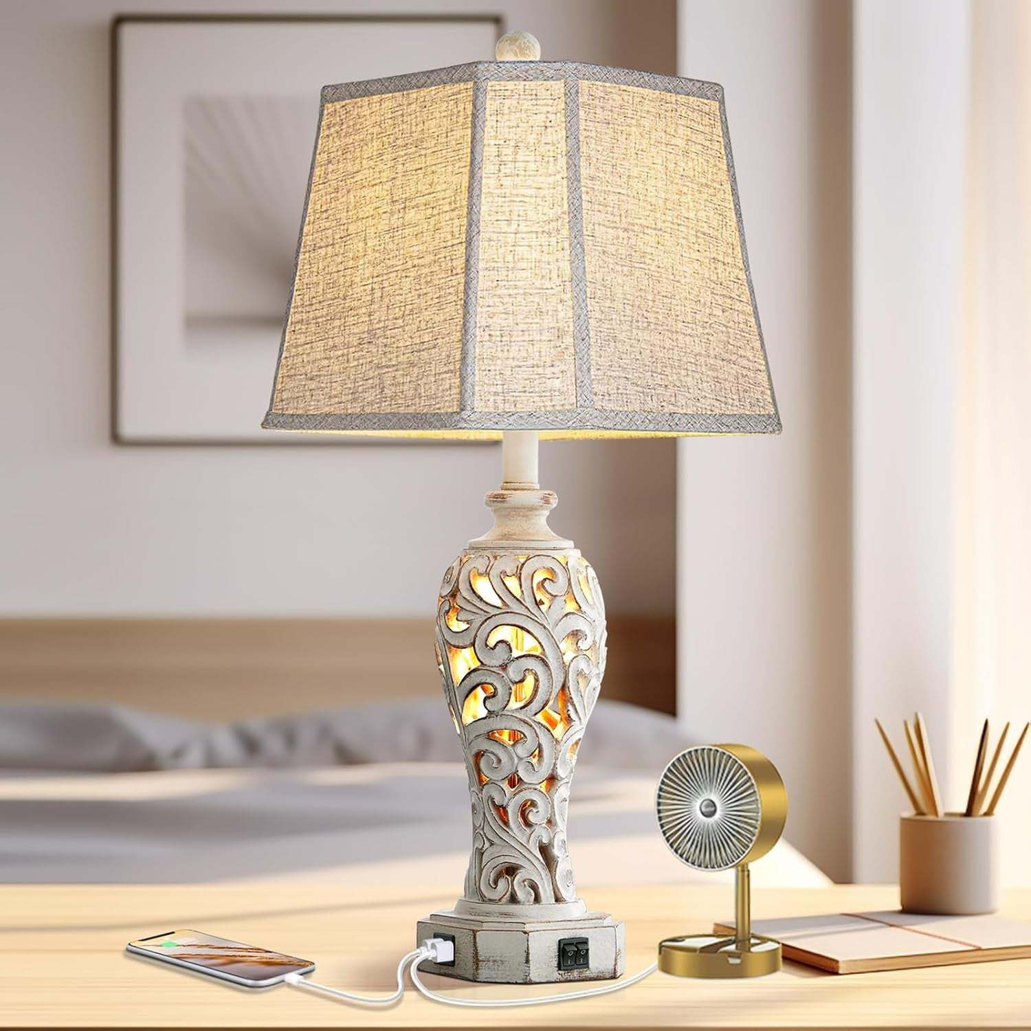 25'' Farmhouse Table Lamp for Living Room Bedroom with USB C+A | Vintage Rustic Nightstand Desk Lamp with Nightlight, White Hollow Out Resin Lamp for End Table (Bulb Included)