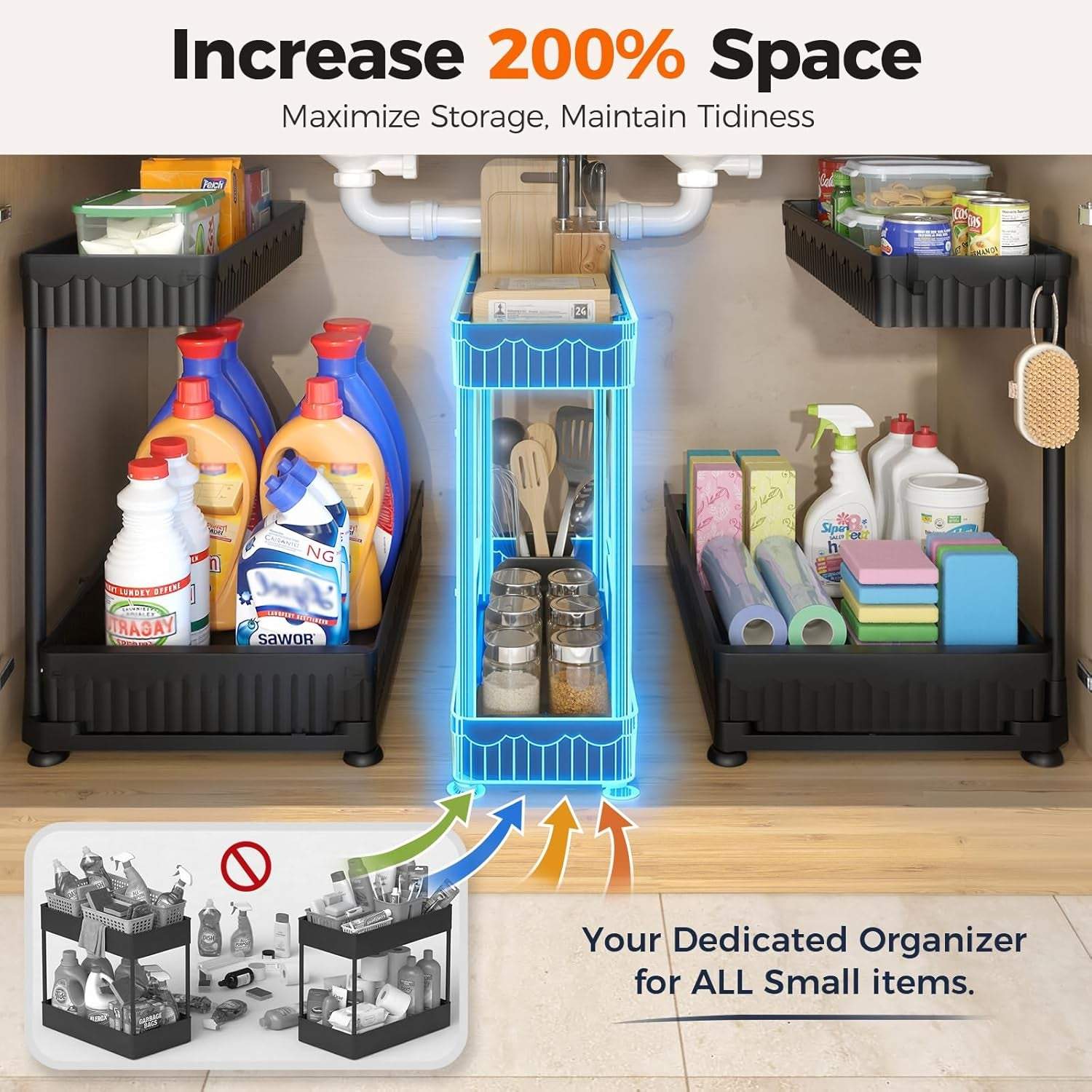 3 Pack Multi-Purpose Pull-Out Storage Organizers, 2-Tier L-Shaped under Sink/Cabinet Organizers and Storage for Bathroom & Kitchen, (Black, 12.85 Inches)