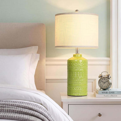 Light Green Ceramic Table Lamp 25 Inch 3-Way Dimmable Nightstand Lamp with White Linen Shade Bedside Lamp for Living Room Bedroom Office Reading (Bulb Included)
