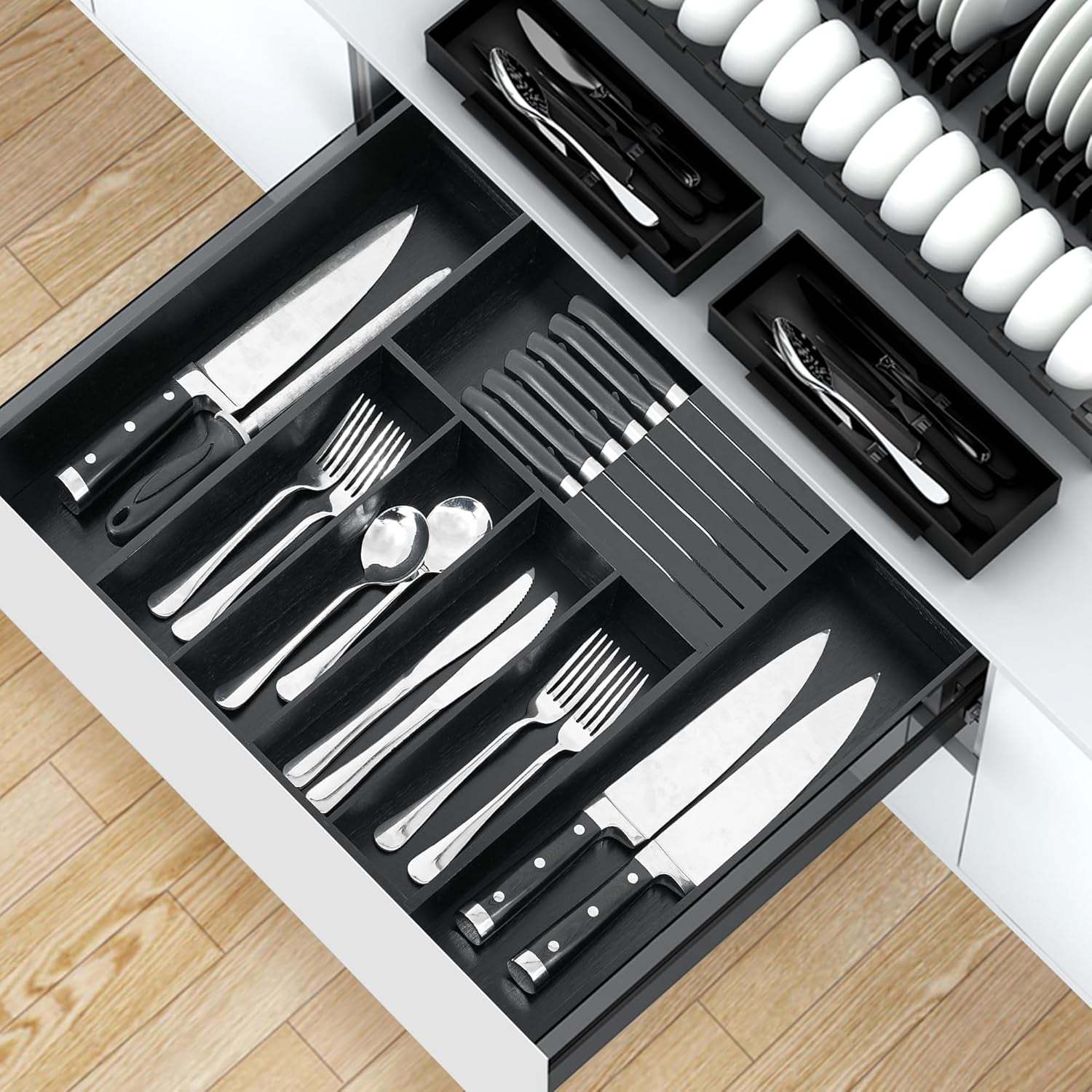 Bamboo Silverware Drawer Organizer Kitchen, Expandable Utensil Organizer with Knife Block, Cutlery Tray with Divider, Multifunctional Drawer Organizer (Black)